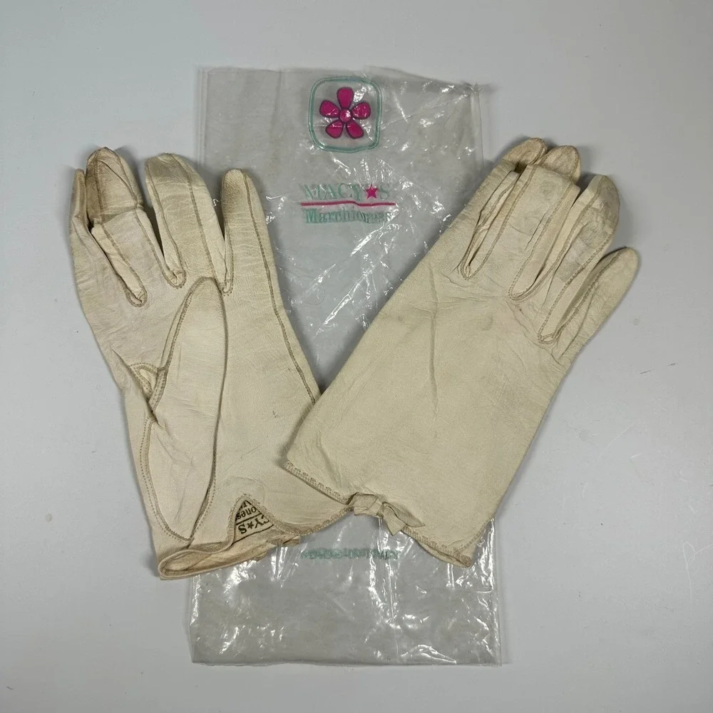 Macy's Marchioness Gloves Ivory Washable Leather Made in Italy Bow Womens Size 7